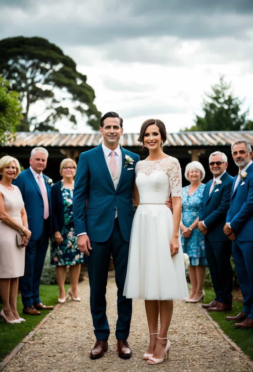 A bride and groom standing in front of an intimate outdoor setting, surrounded by close family and friends. The bride is wearing a knee-length white dress with delicate lace detailing, while the groom is in a tailored suit