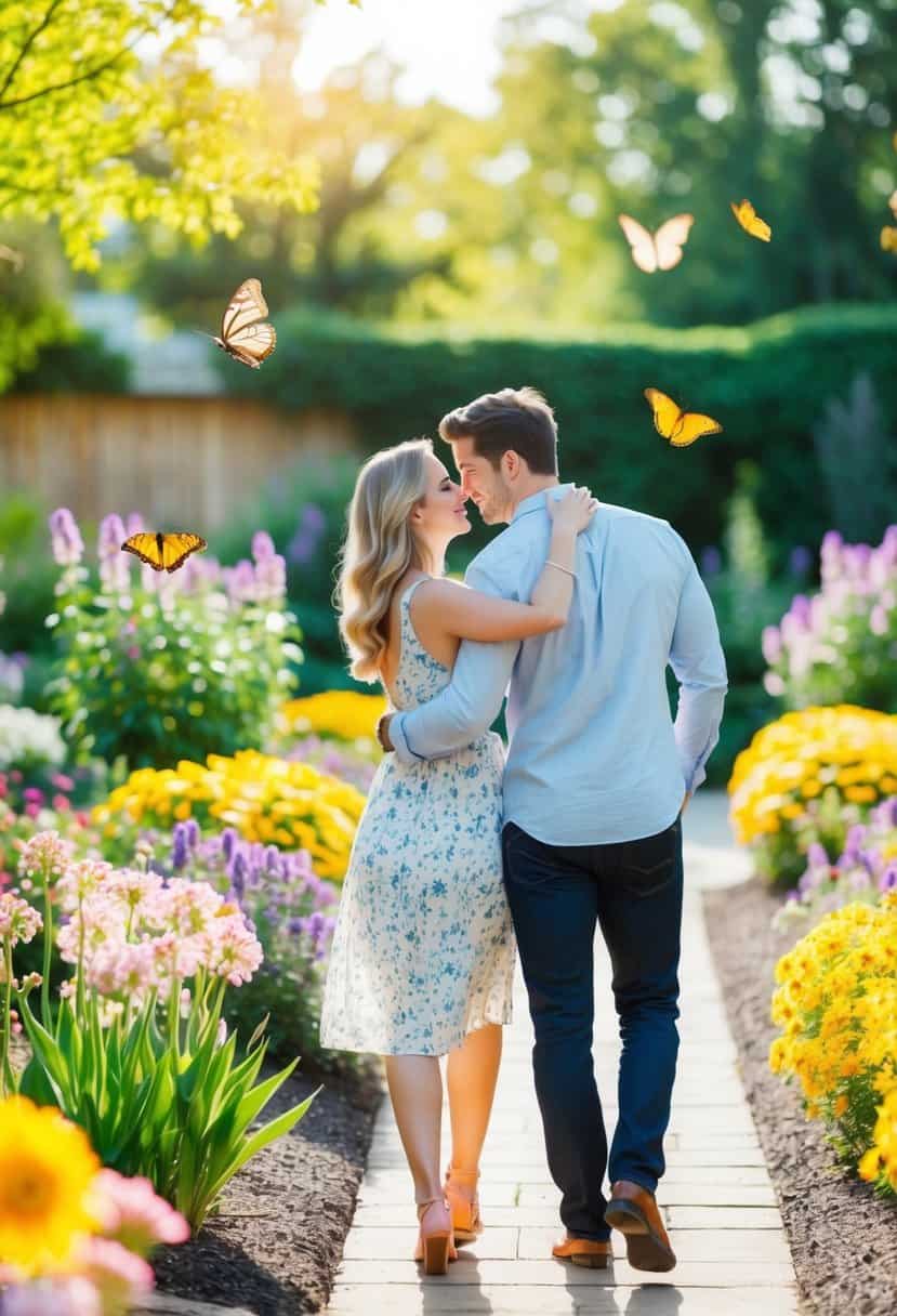 A couple strolling through a sun-drenched garden, surrounded by blooming flowers and butterflies, sharing a tender embrace