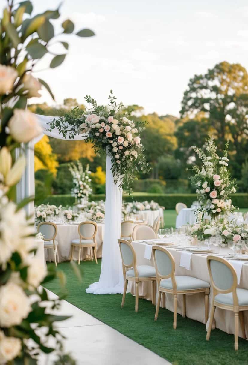 A beautifully decorated wedding venue with elegant floral arrangements, a tasteful seating arrangement, and a serene ambiance for a second wedding ceremony and reception