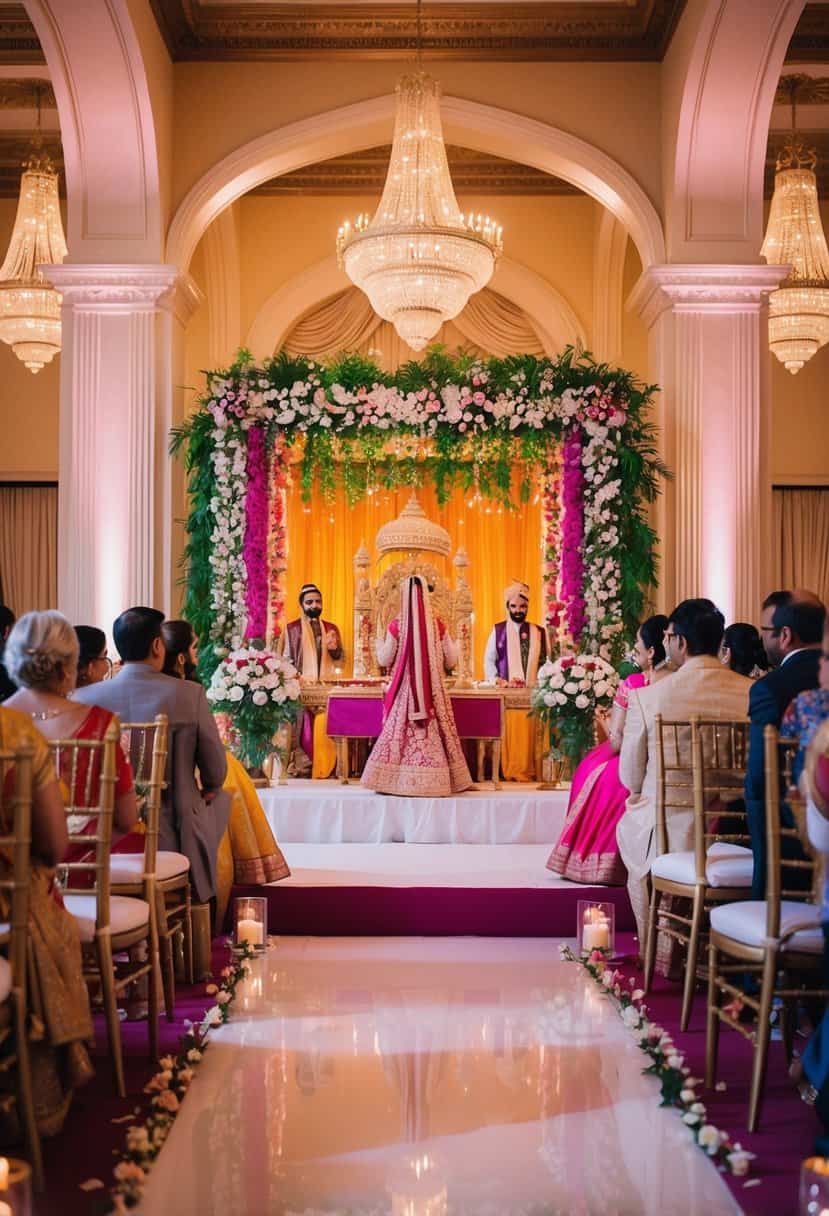 A traditional Indian wedding ceremony taking place in a grand venue in the UK, with vibrant decor, intricate floral arrangements, and a lavish banquet