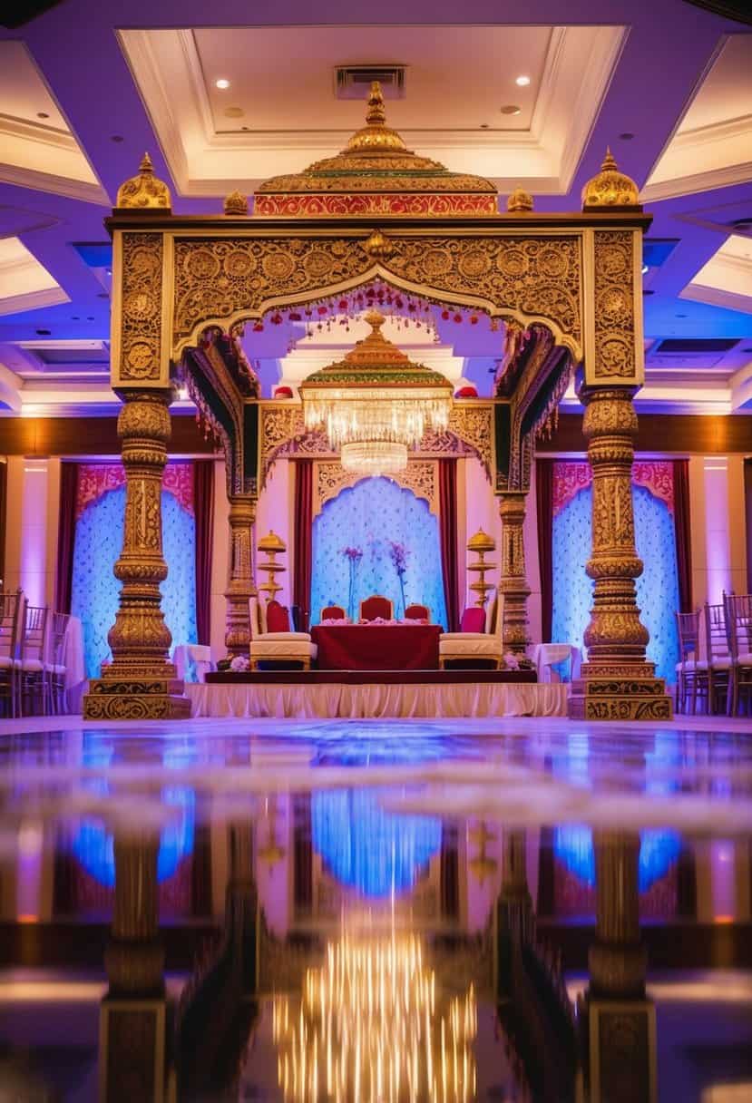 A grand, ornate Indian wedding venue in the UK, with vibrant colors, intricate decorations, and traditional elements