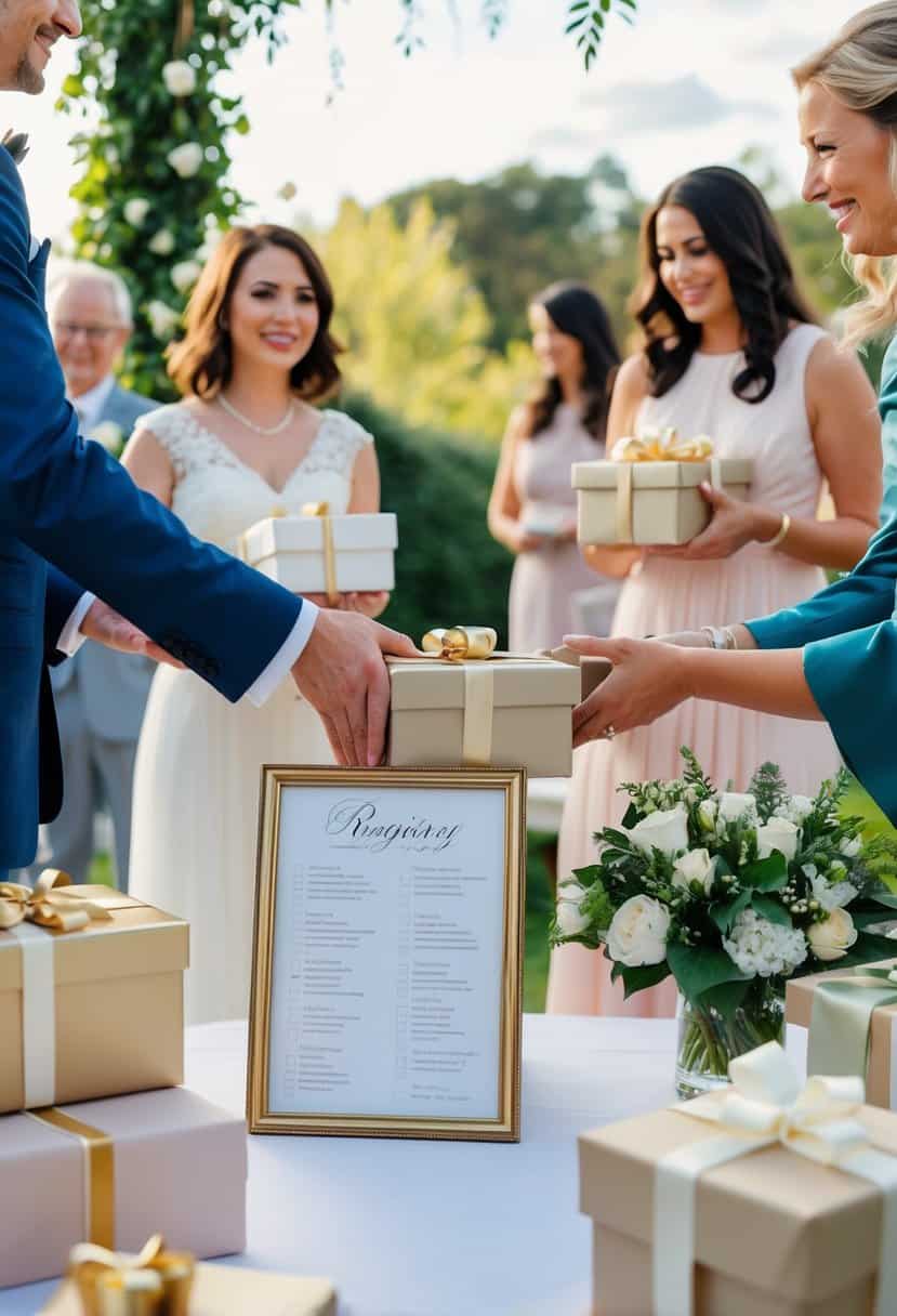 A couple receiving gifts at a second wedding, with a registry displayed and guests offering presents