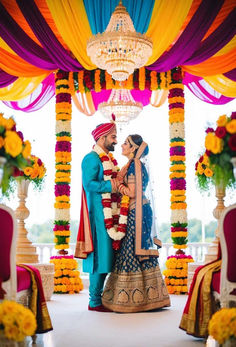 Vibrant Indian wedding decor with colorful drapes, intricate floral arrangements, and traditional attire