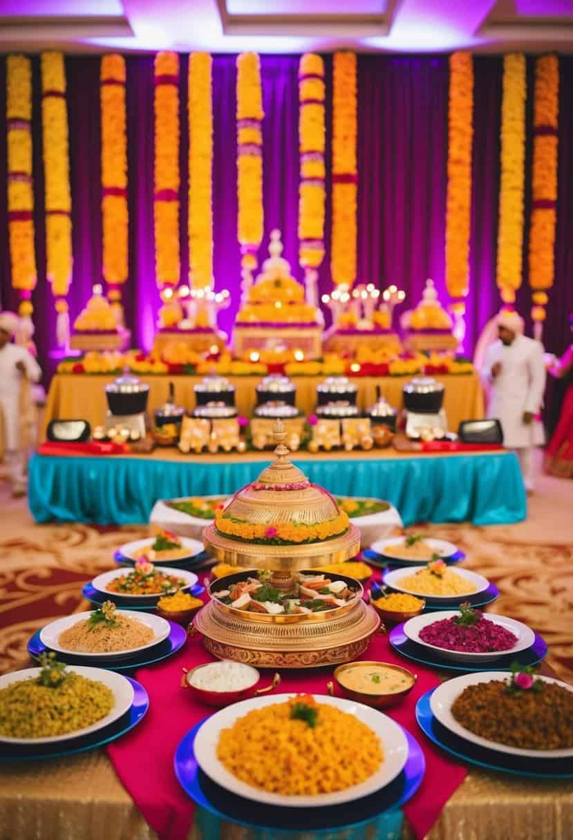 A vibrant Indian wedding reception with colorful decorations, traditional music, and a grand buffet spread