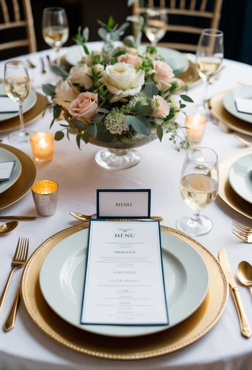 A beautifully set table with elegant place settings, a menu card, and a payment request card placed at each seat