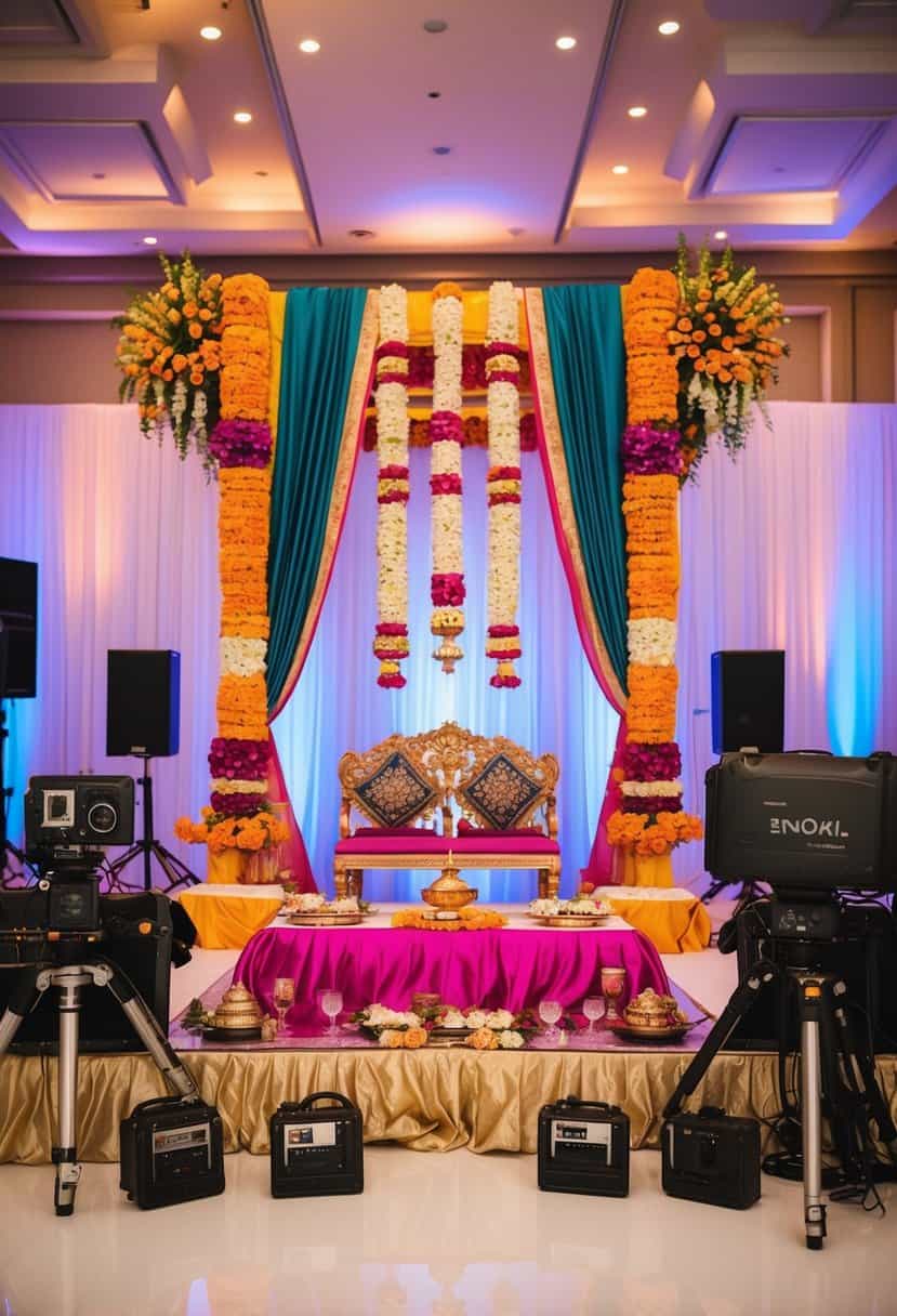 A colorful Indian wedding setup with traditional decorations and vibrant flowers, surrounded by elegant videography and photography equipment