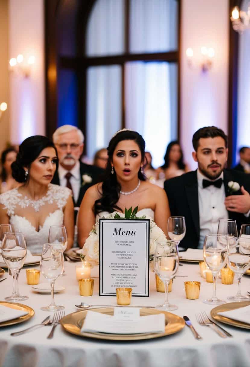 An elegant wedding reception with place settings and a menu card indicating a paid dinner option. Guests appear surprised and uncomfortable