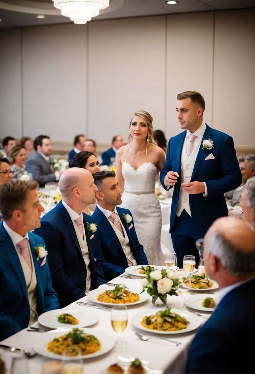 Guests seated at a banquet table, plates of food in front of them. A bride and groom stand nearby, looking concerned as they speak to their guests