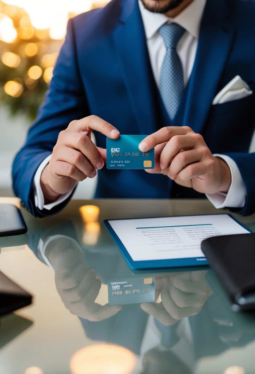 A groom's hand placing a credit card on a travel agent's desk