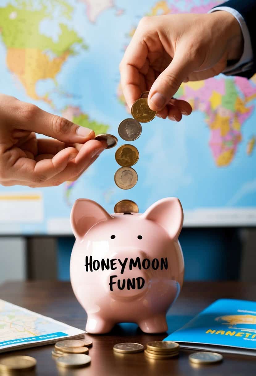 A couple's hands dropping coins into a piggy bank labeled "Honeymoon Fund" with a map and travel brochures in the background