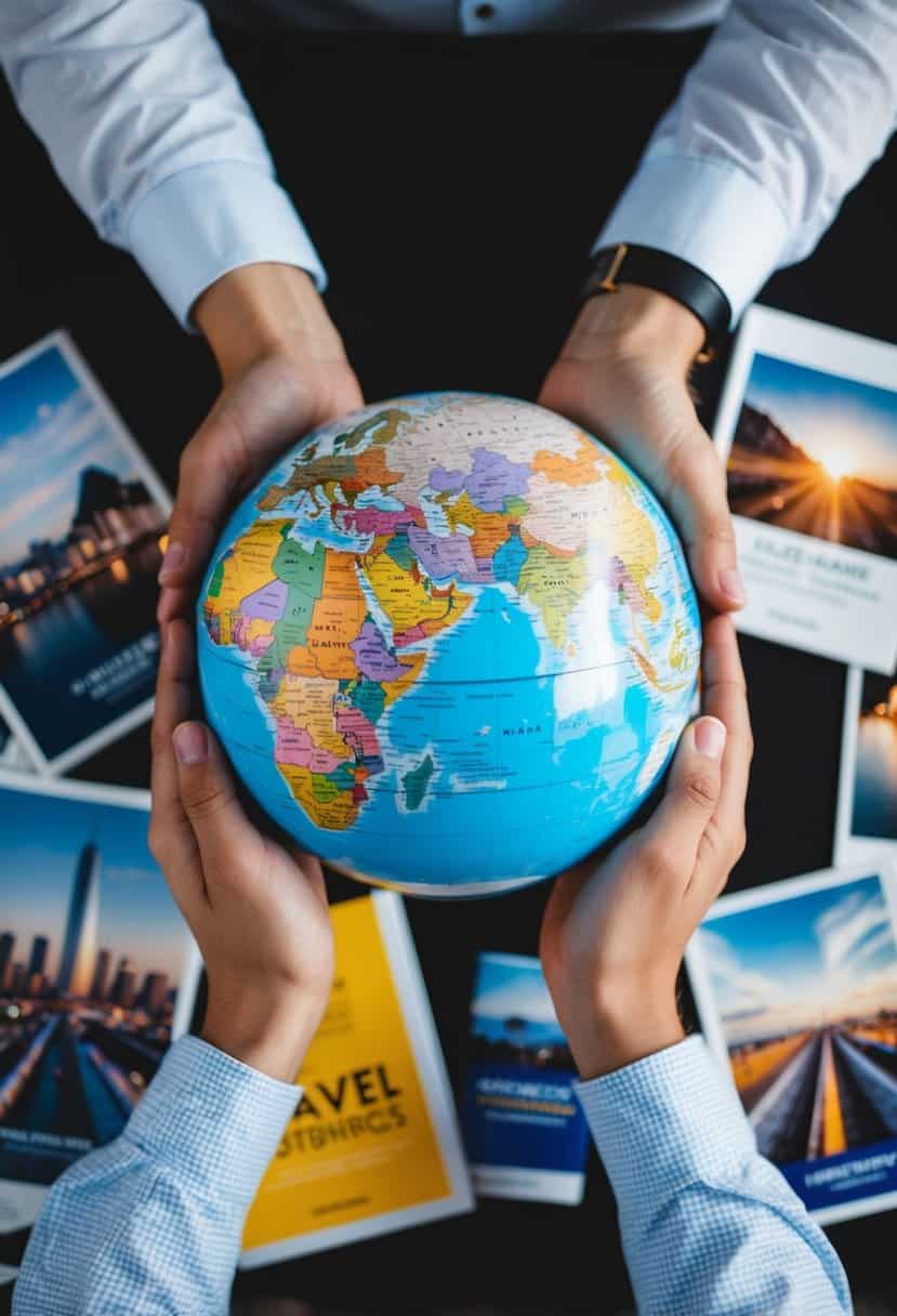 A couple's hands holding a globe, surrounded by travel brochures and destination photos