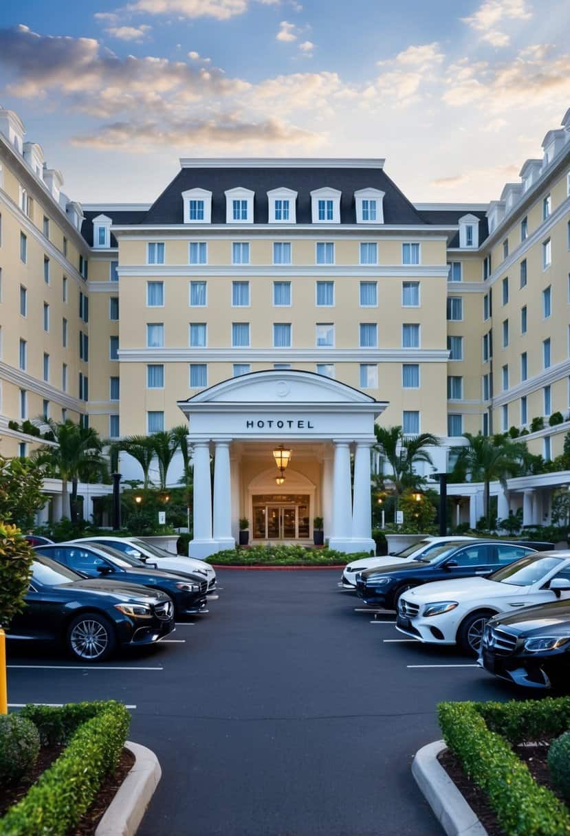 A group of elegant hotel buildings with a grand entrance and lush landscaping, surrounded by parked cars and a valet stand