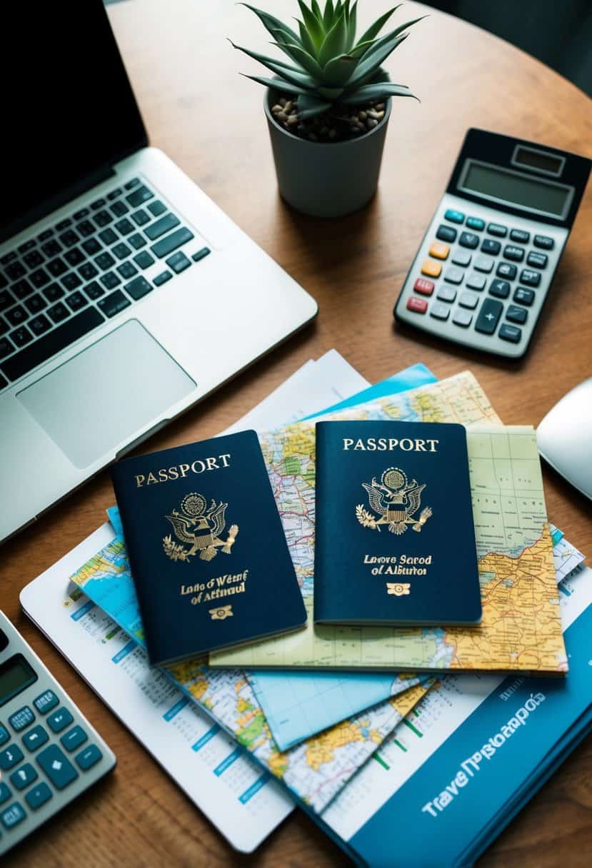 A couple's passports, a map, and a stack of travel brochures laid out on a table, surrounded by a laptop and a calculator