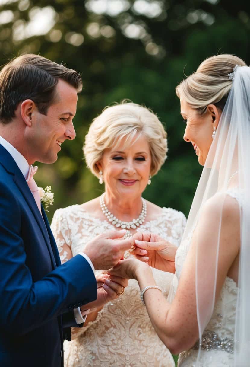 The mother of the groom presents the bride with a delicate piece of heirloom jewelry, symbolizing the passing down of family traditions and blessings