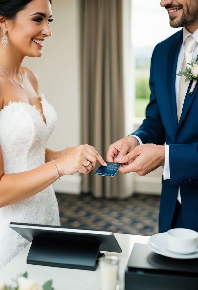 A bride and groom hand over a credit card to a hotel receptionist at a wedding venue