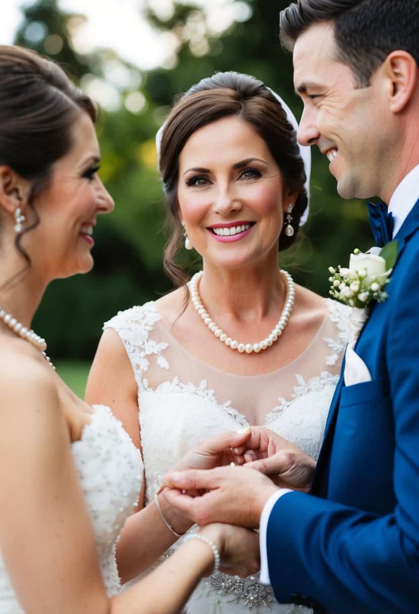 The mother of the groom presents the bride with a delicate pearl necklace as a symbol of her support and welcome into the family