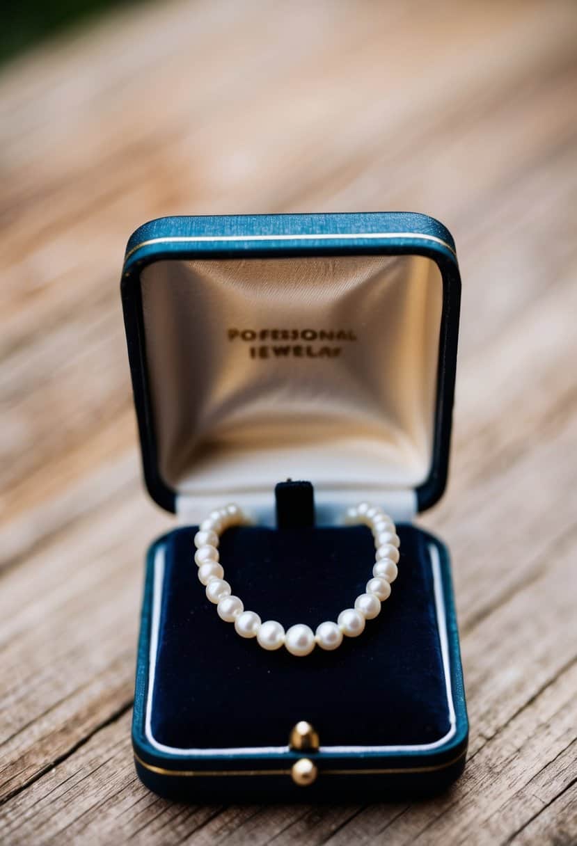 A small jewelry box containing a delicate pearl necklace