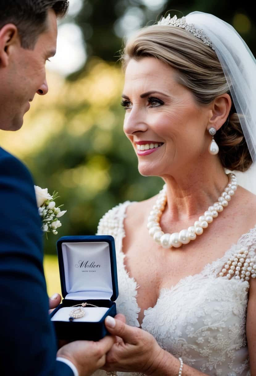 The mother of the groom presents the bride with a delicate pearl necklace in a velvet box