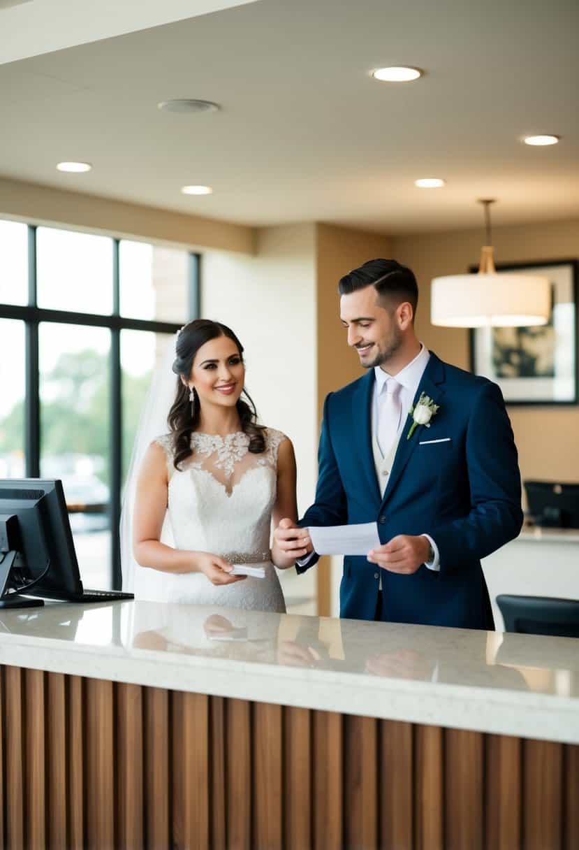 A bride and groom stand at a hotel reception desk, discussing payment for their wedding with a staff member