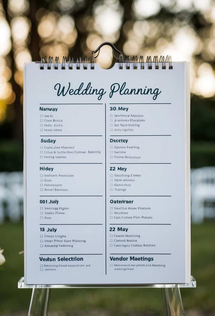 A calendar with wedding planning tasks spread out over 2 years, including venue selection, dress fittings, and vendor meetings