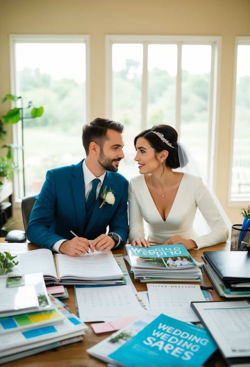 A couple sits at a cluttered desk, surrounded by wedding magazines, calendars, and spreadsheets. They discuss and plan their wedding, organizing their resources carefully