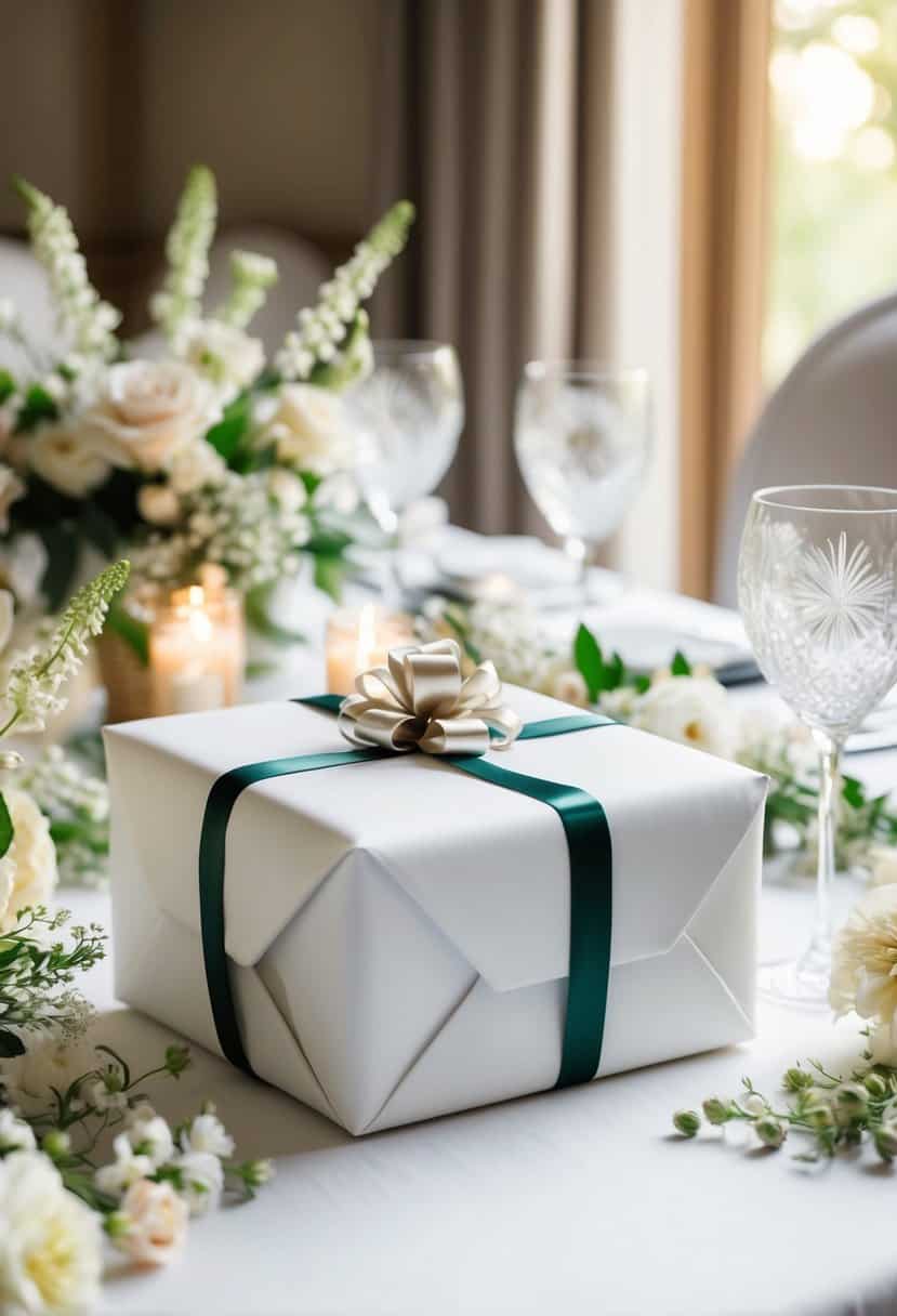 A beautifully wrapped wedding gift sits on a table, surrounded by delicate flowers and elegant decor