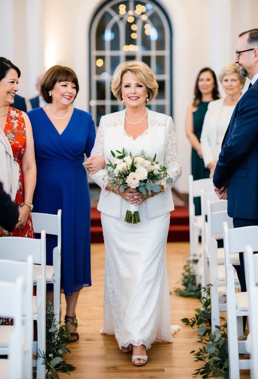 The mother of the bride walks down the aisle with a family member or friend