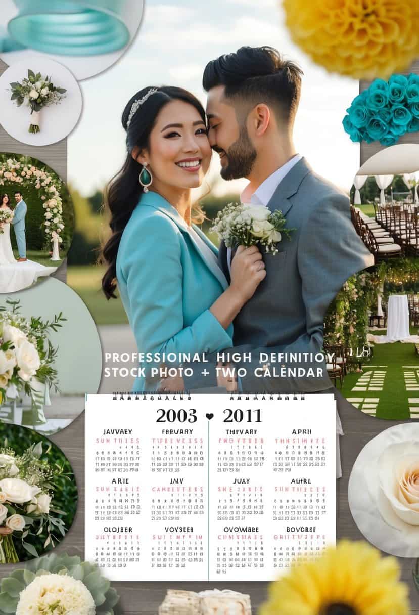 A couple surrounded by various venue and theme options, with a calendar showing a two-year timeline