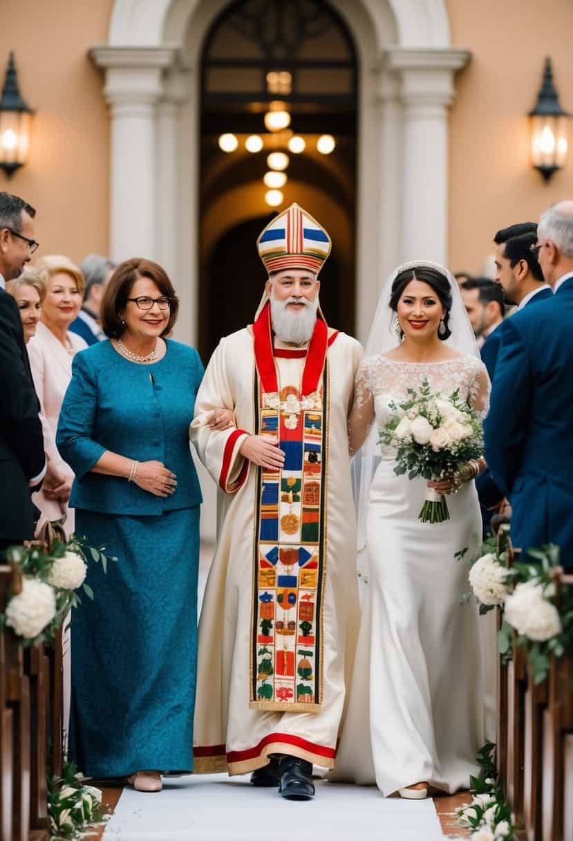 A figure representing the cultural and religious variations walks down the aisle with the mother of the bride