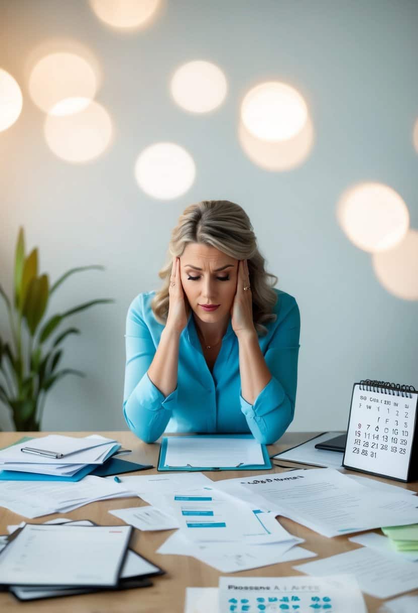 A wedding planner surrounded by scattered papers and a calendar, looking stressed and overwhelmed