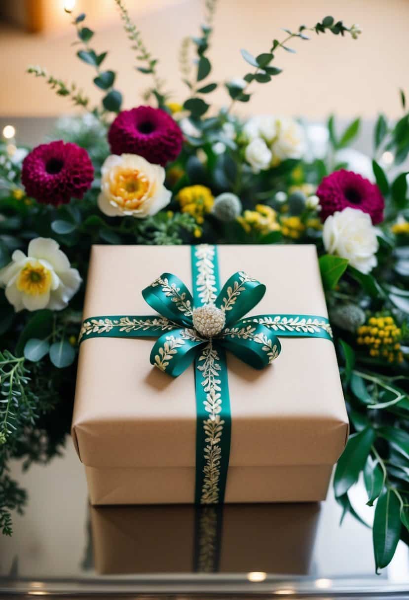 A wrapped present sits on a table, adorned with a decorative bow and surrounded by flowers and foliage