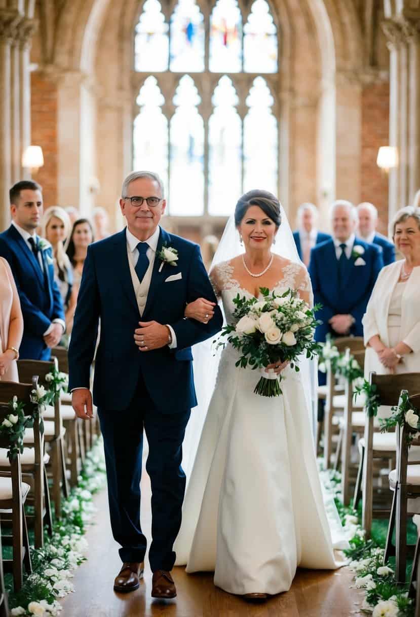 A figure in formal attire escorts the mother of the bride down the aisle