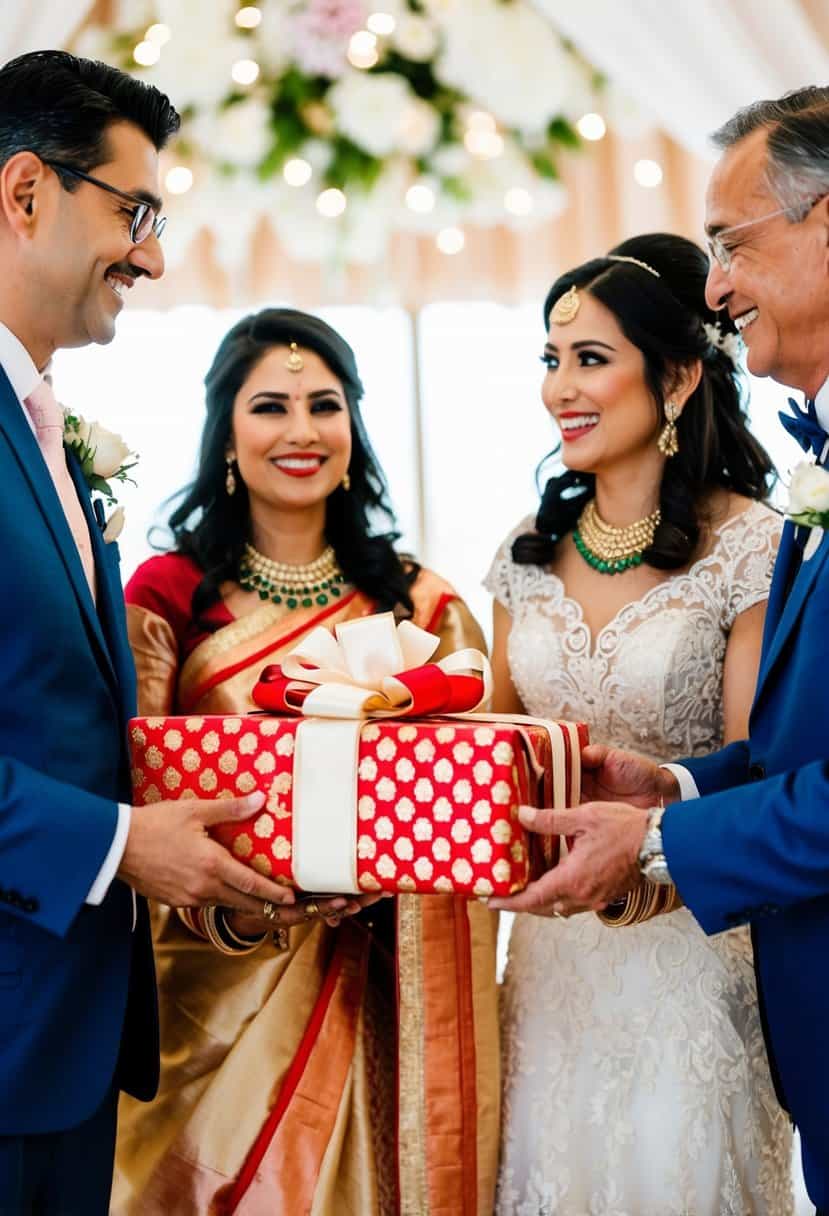 The parents of the bride present a beautifully wrapped wedding gift to the happy couple during the pre-wedding celebrations