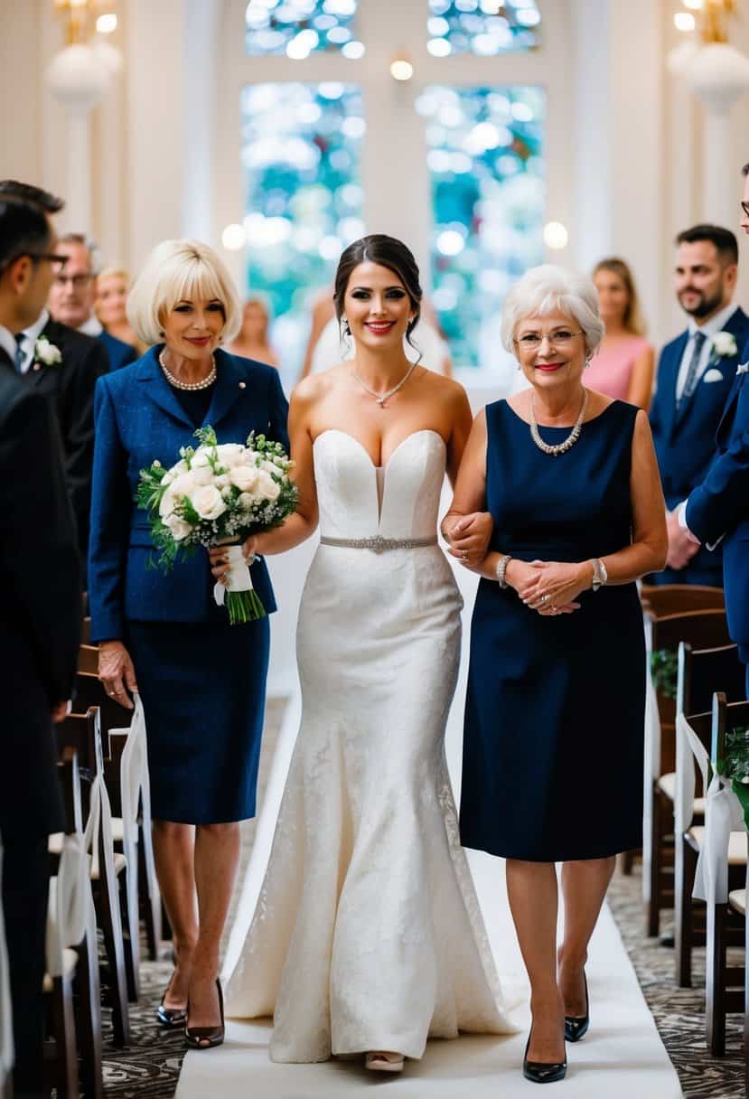 A woman in formal attire walks down the aisle with the mother of the bride