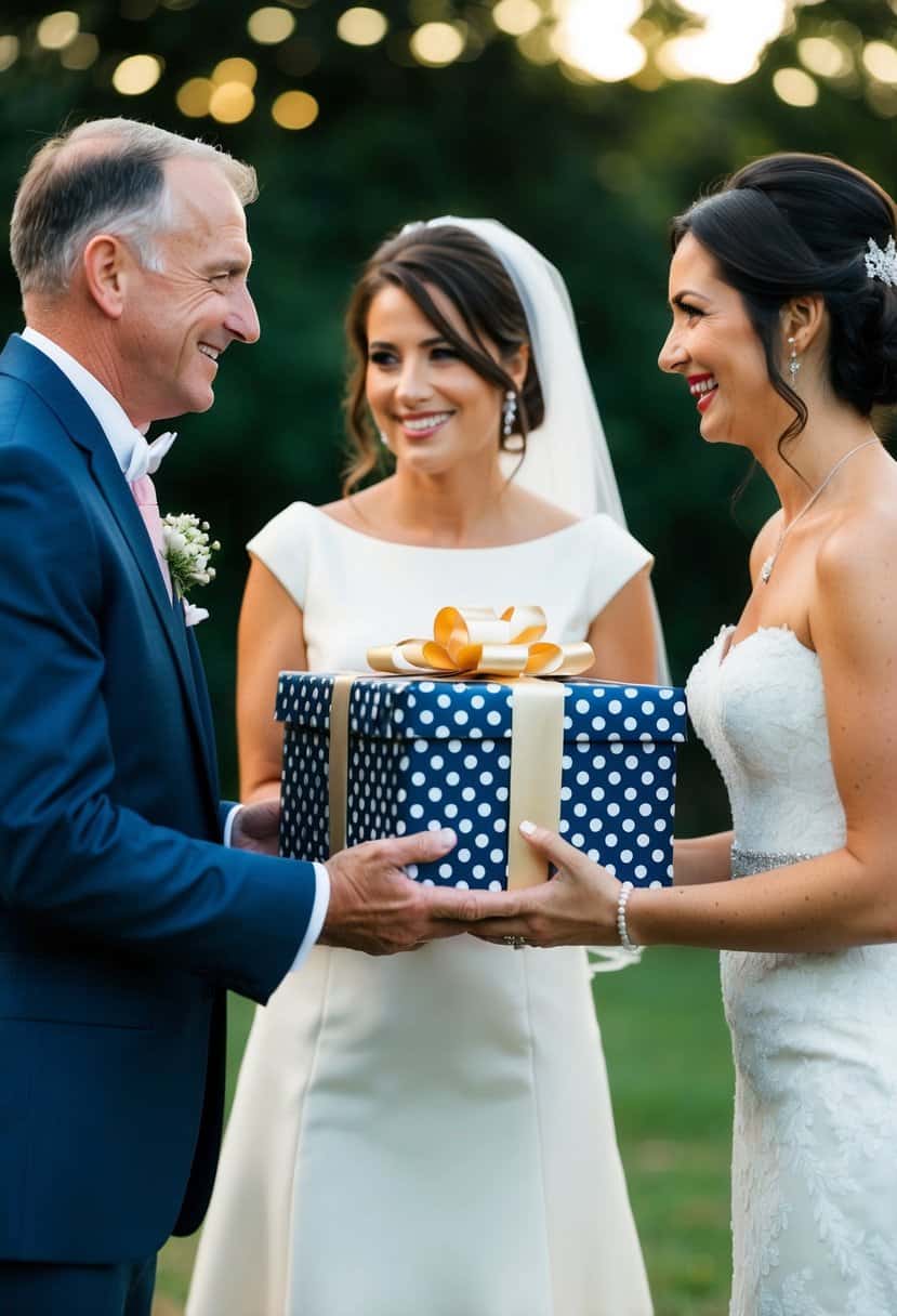 The bride's parents present a beautifully wrapped gift to the newlyweds