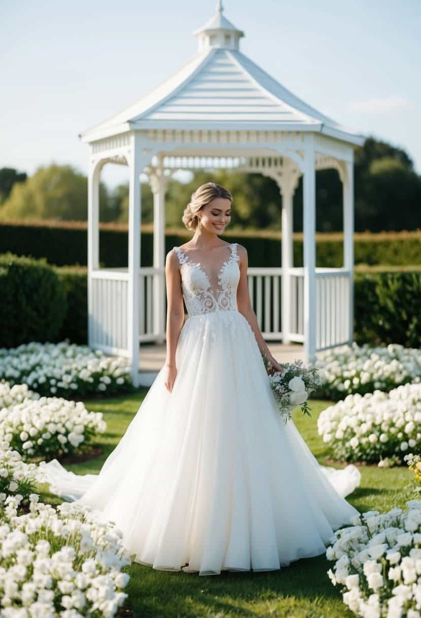 A bride in a flowing white gown stands in a garden, surrounded by white flowers and a white gazebo, symbolizing purity and new beginnings