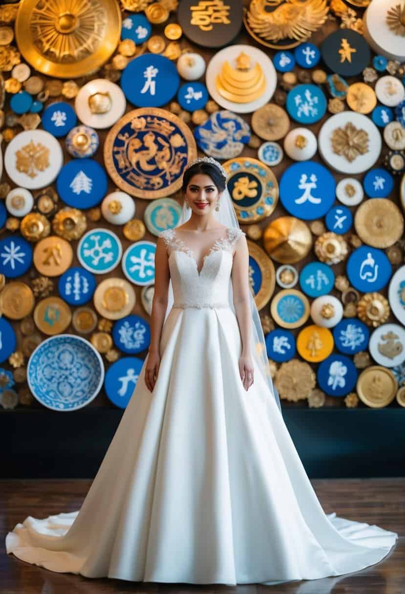 A bride in a white gown stands before a diverse array of cultural symbols and traditions, each representing the significance and variations of the white wedding dress