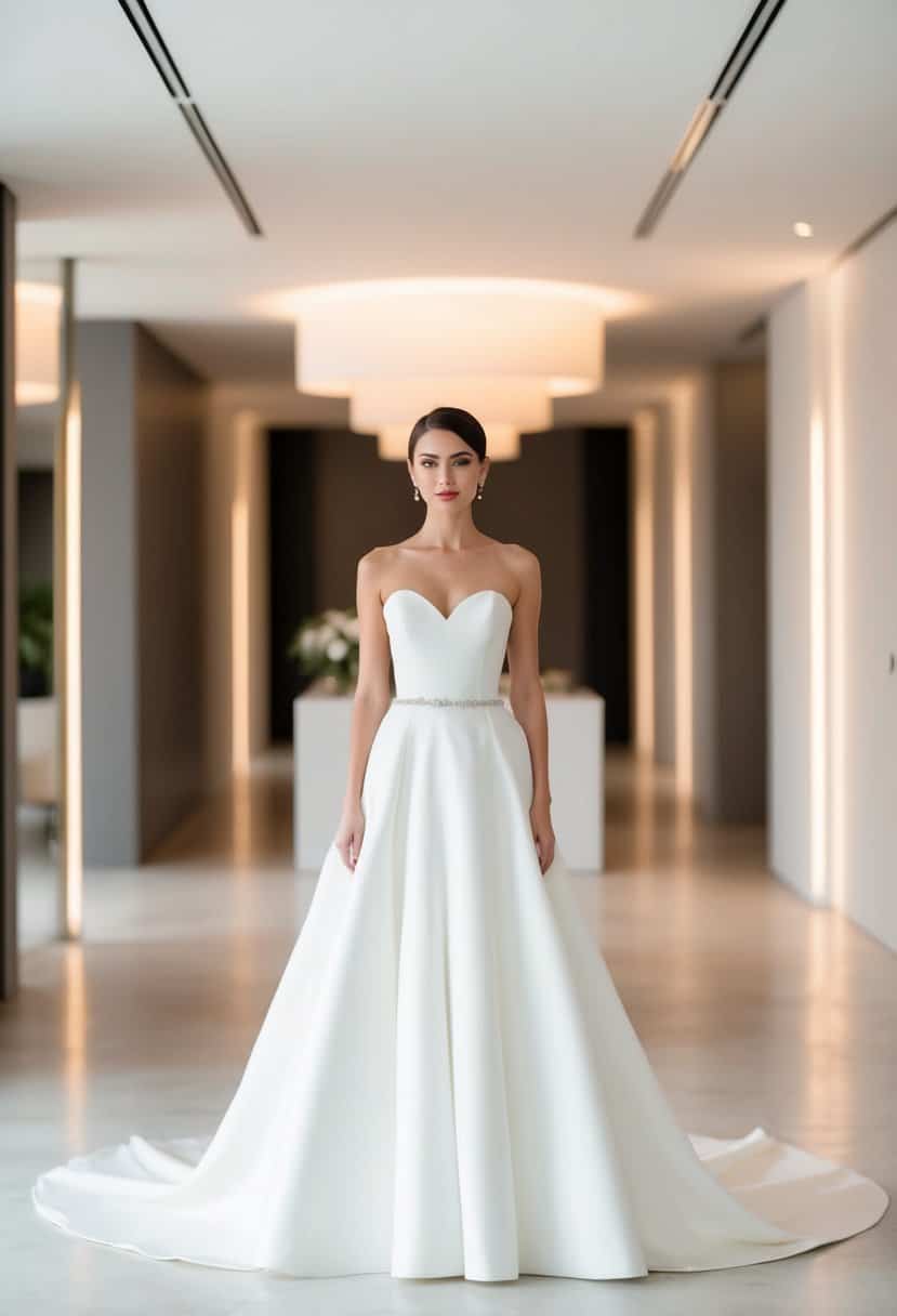 A bride in a white dress stands in a modern, minimalist wedding venue, surrounded by sleek decor and soft, natural lighting