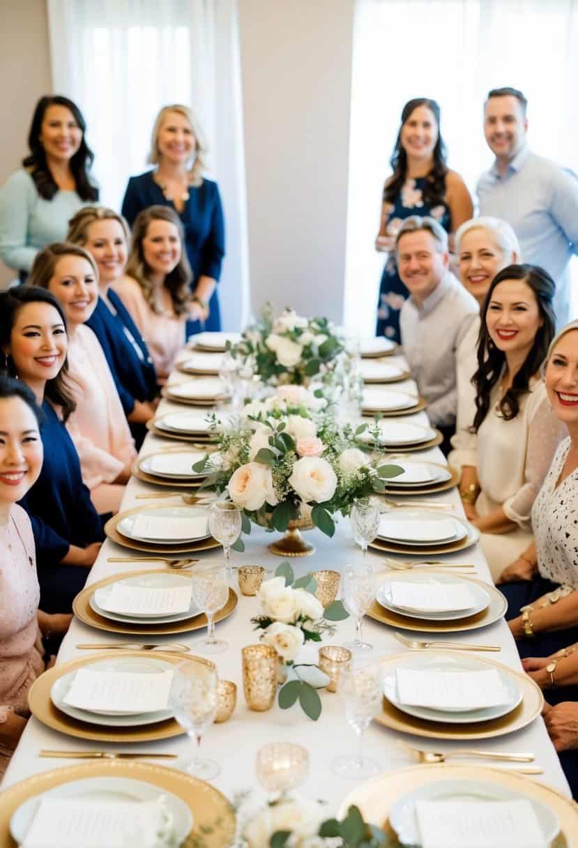 A table set with elegant decorations and place settings, surrounded by cheerful guests at a bridal shower