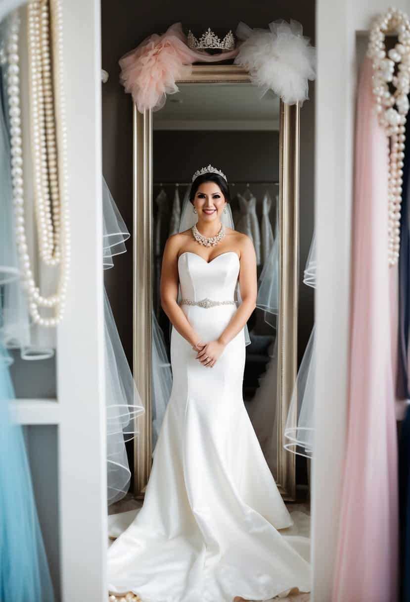 A bride in a white gown stands before a full-length mirror, surrounded by veils, tiaras, and pearl necklaces