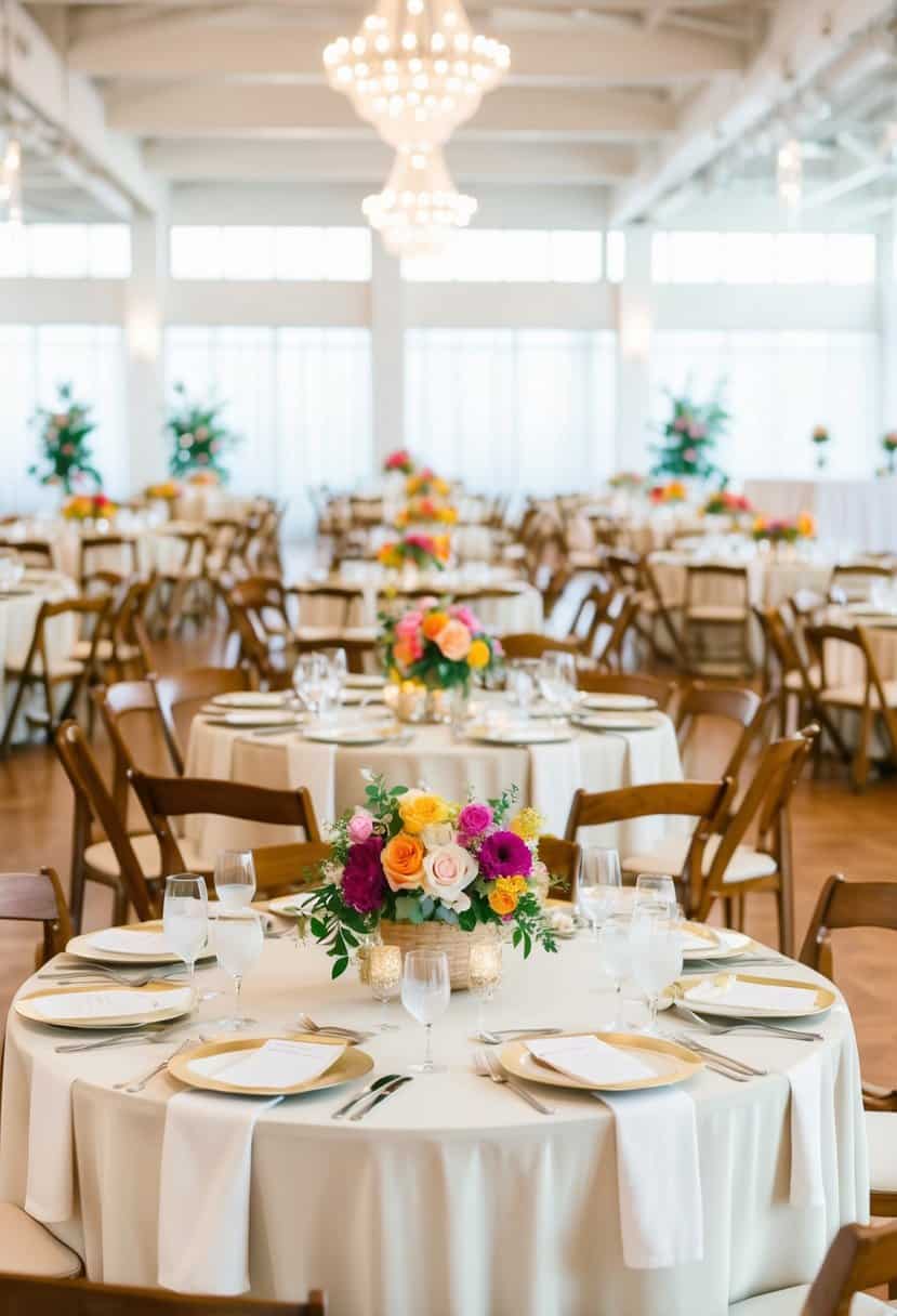 A group of elegantly decorated tables set up in a bright and spacious event venue, with colorful floral centerpieces and delicate table settings