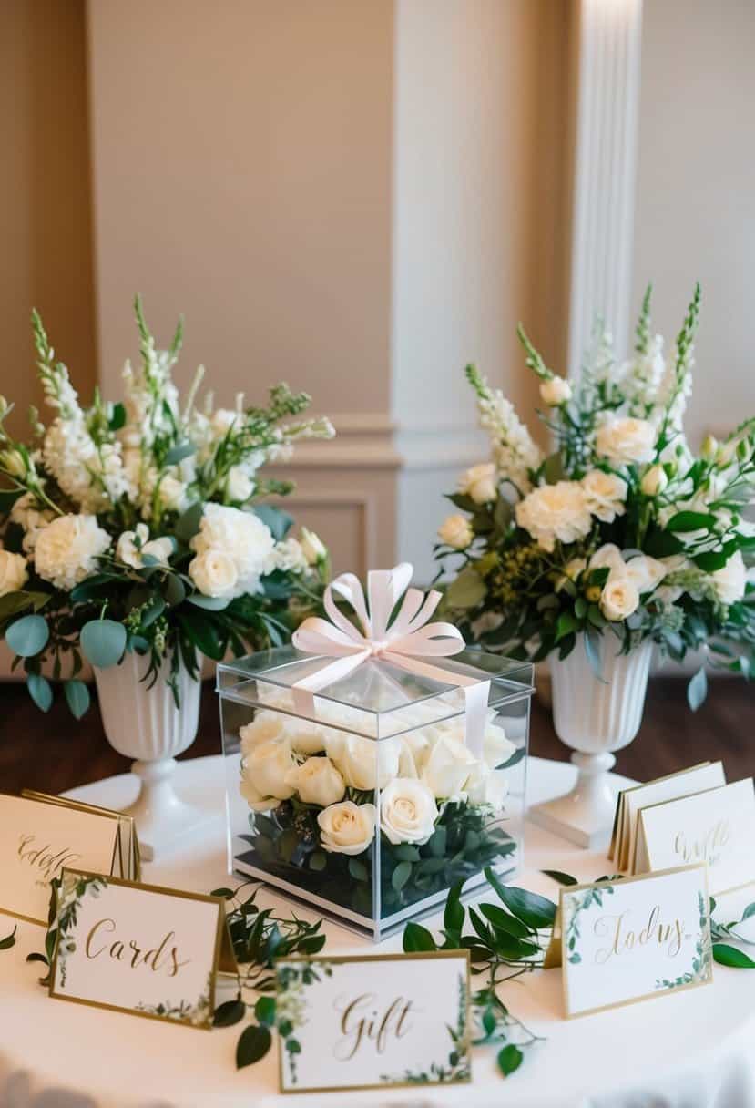 A wedding gift table with a clear box for cards and envelopes, surrounded by elegant floral arrangements and decorative signage