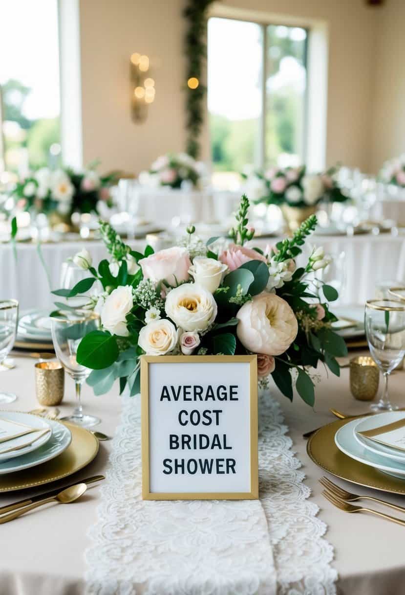 A table adorned with floral centerpieces, delicate lace table runners, and elegant place settings. A sign displaying the average cost of a bridal shower