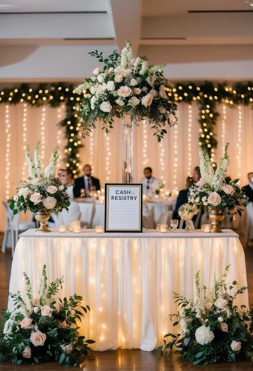 A beautifully decorated wedding reception with a cash registry table prominently displayed, surrounded by elegant floral arrangements and twinkling fairy lights