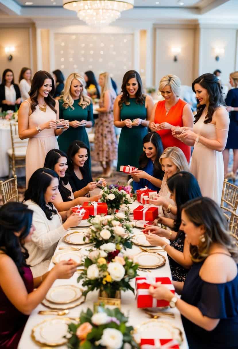 A group of women gather in a decorated event space, playing games and opening gifts. Tables are adorned with floral centerpieces and elegant tableware