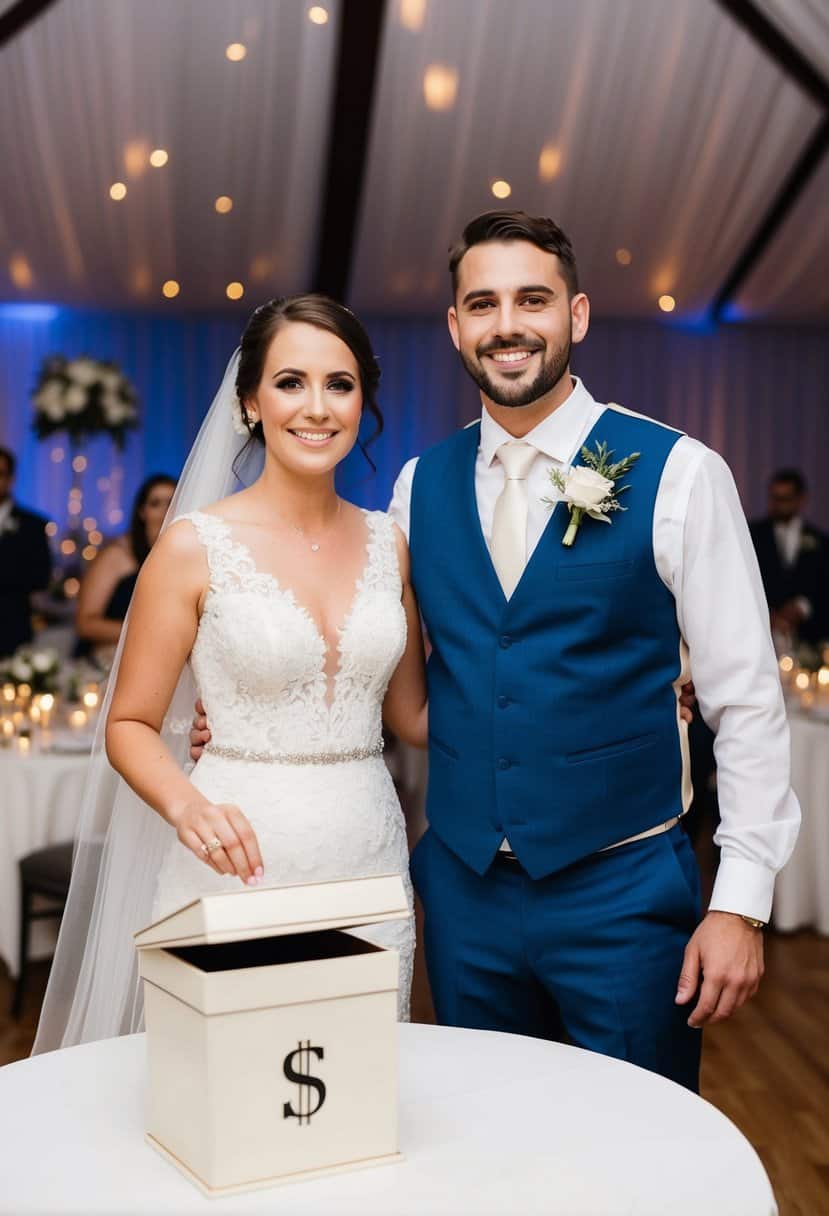 A bride and groom standing at a wedding reception with a box for monetary gifts displayed prominently on a table