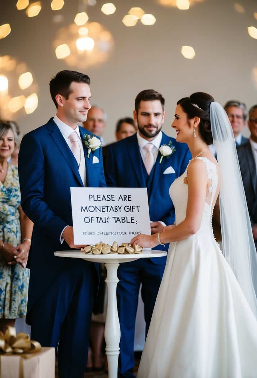 A bride and groom stand at a gift table, with a sign requesting monetary gifts. Guests look on with mixed expressions