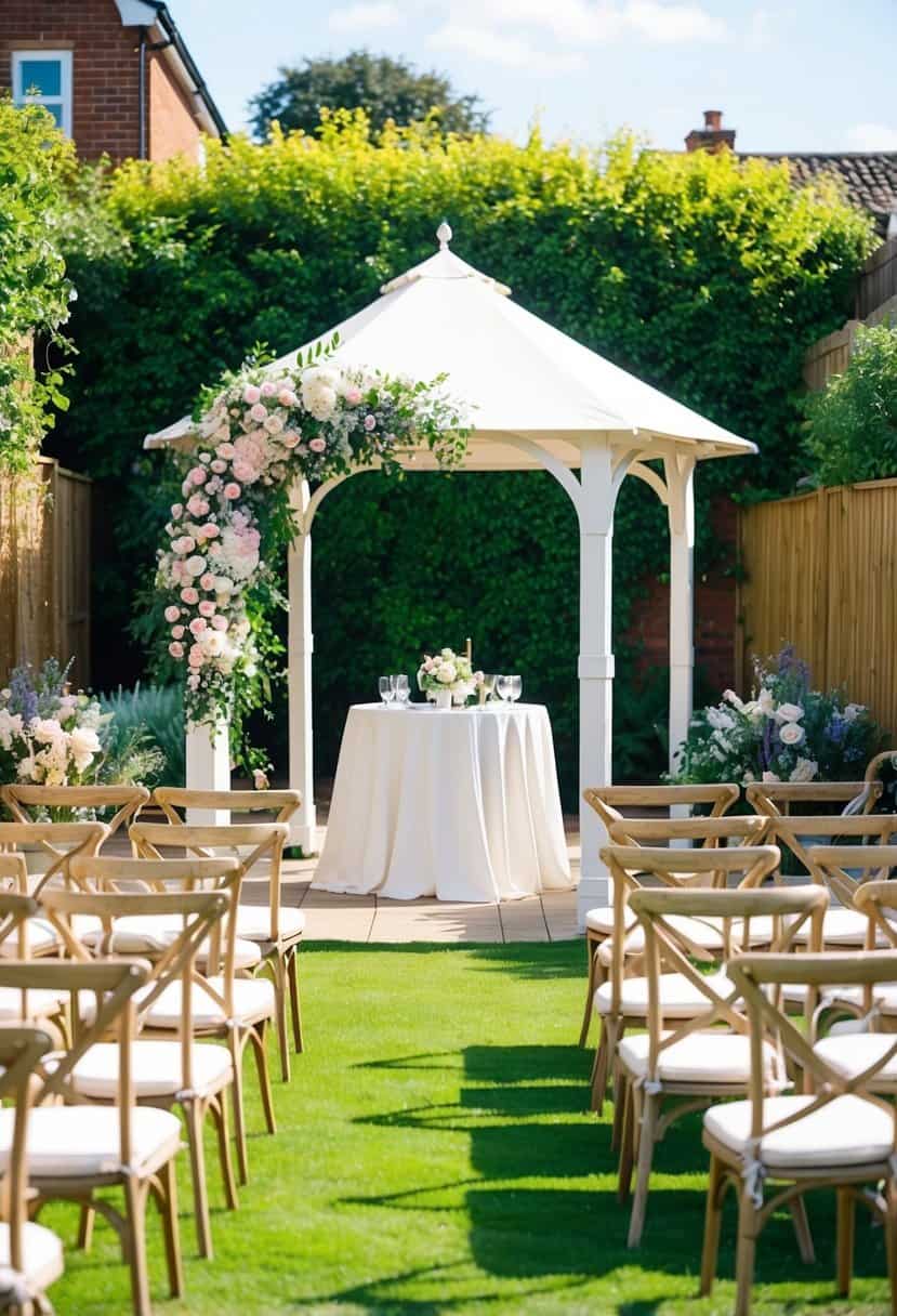 A beautiful backyard with a floral arch, seating, and a gazebo set up for an outdoor wedding in the UK