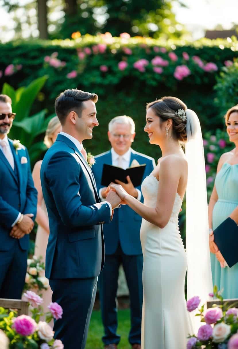 A couple exchanging vows in a lush backyard garden, surrounded by blooming flowers and a small gathering of loved ones