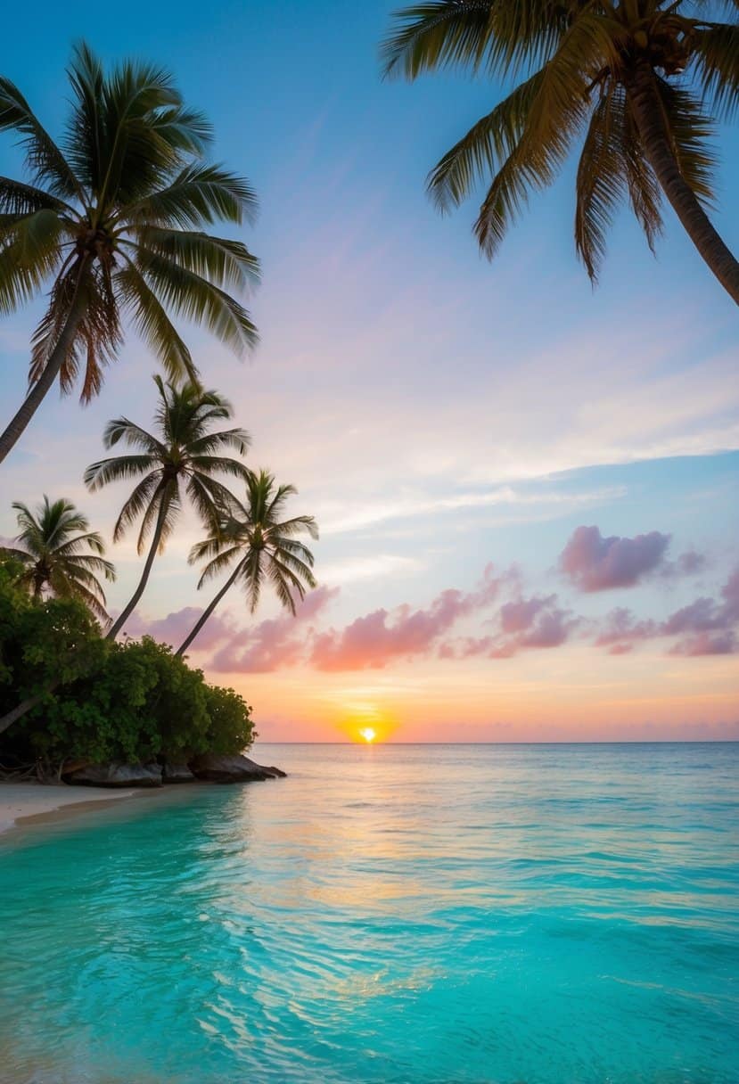 A secluded beach with crystal-clear turquoise waters, palm trees swaying in the gentle breeze, and a colorful sunset painting the sky